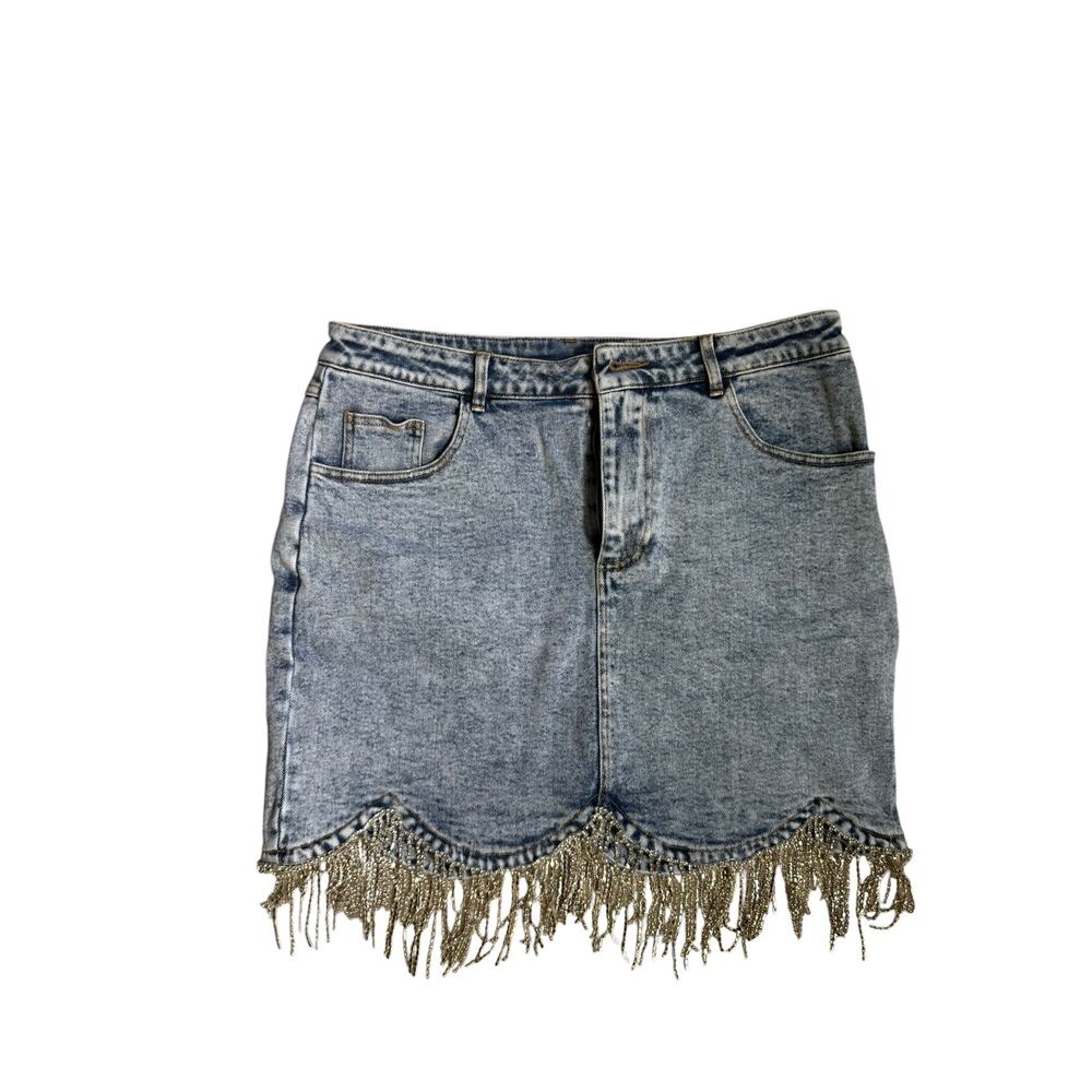 MAINSTRIP Skirt Jewel Fringe Scallop Acid Wash Denim Large